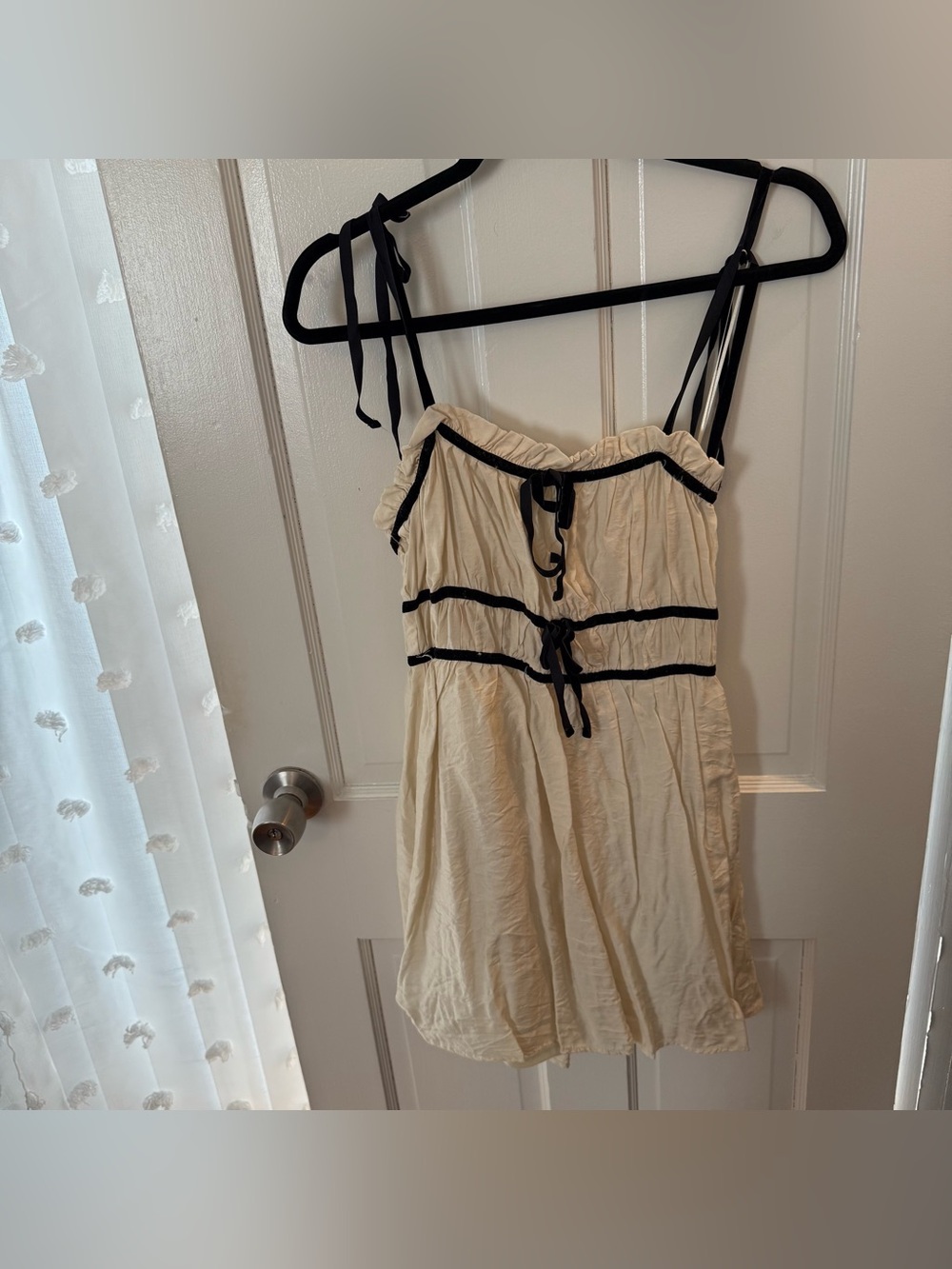 Cream Mini Sundress with Black Trim - Classic Tie-Front Detail